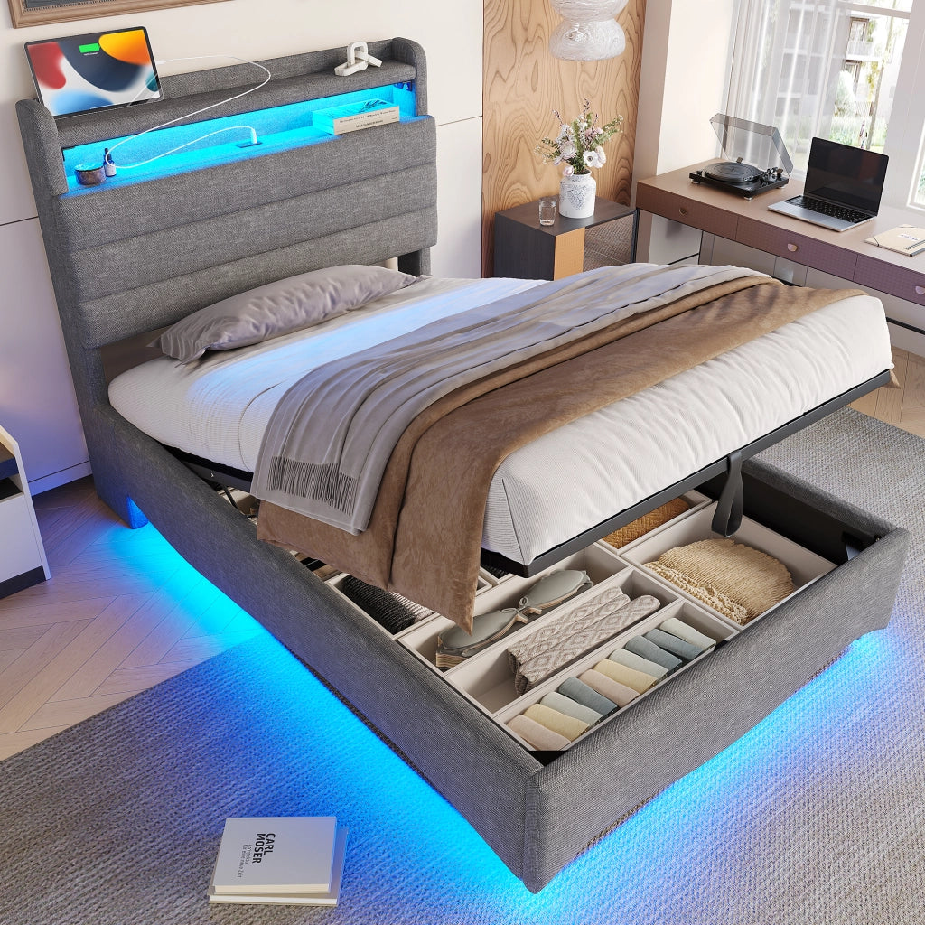 OKWISH Letto Contenitore 90×200 cm, Letto Singolo con LED Regolabile, USB, Tipo C e Mensole, senza Materasso, in Lino, Grigio