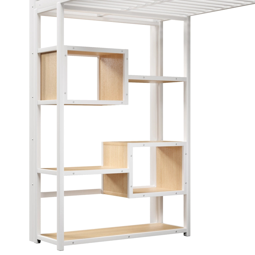 Letto a soppalco 90x200 cm con spazio libero sottostante; LED; ripiano; gradini integrati e parapetto; metallo bianco