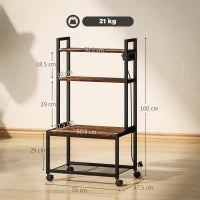 Carrello Porta Stampante a 4 Livelli con Prese di Corrente, Ruote e Telaio in Metallo, 55x37.5x100 cm, Marrone