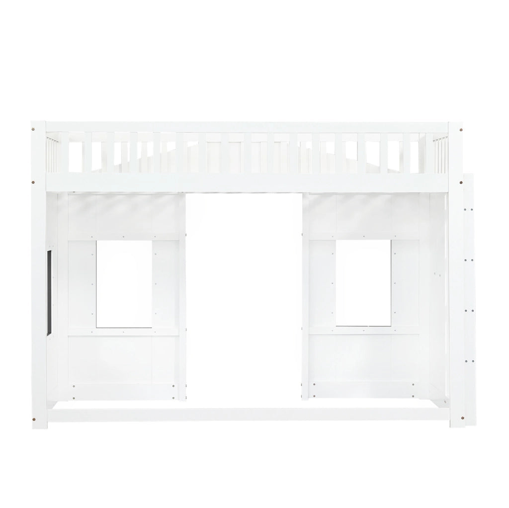 Letto a castello 90x200 cm con scale; sponde e finestre in legno e MDF bianco e grigio