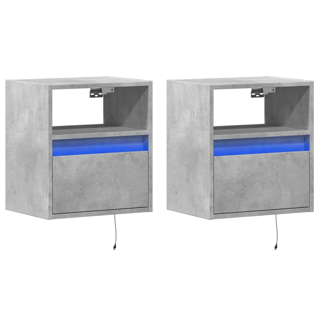 Set di 2 Comodini | Armadio da Notte | Mobiletto da notte a Parete con Luci LED Grigio Cemento
