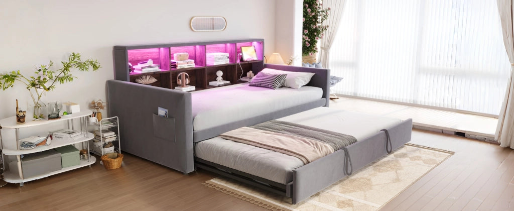 Divano letto in velluto con contenitore, LED e USB, 90x190 cm, grigio antracite