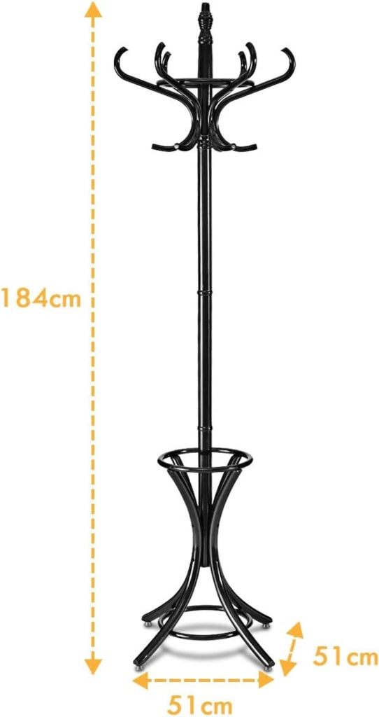 Attaccapanni da Terra Appendiabiti a piedi con 12 Ganci in Legno Ecologico, 51 x 51 x 184 cm (Nero)