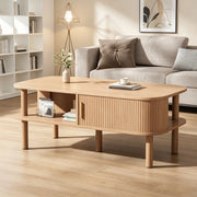 Tavolino, in MDF, con ante scorrevoli e ripiani a vista, 110 x 55 x 45 cm, color legno naturale