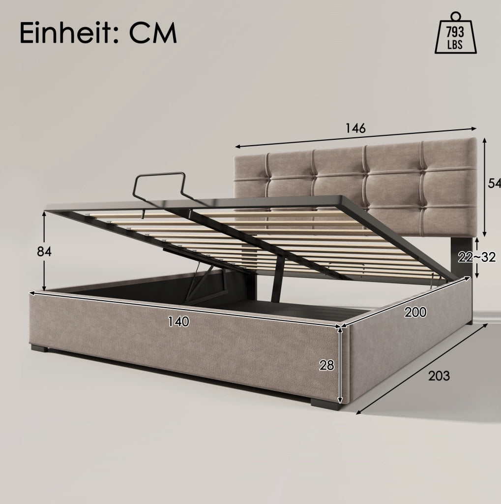 Letto matrimoniale imbottito 140x200 cm in velluto grigio chiaro con contenitore e testiera regolabile