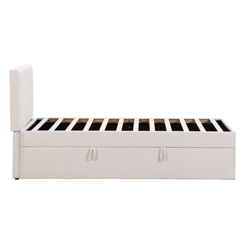 Letto singolo imbottito 90x200 cm con rete a doghe in metallo e vano contenitore beige