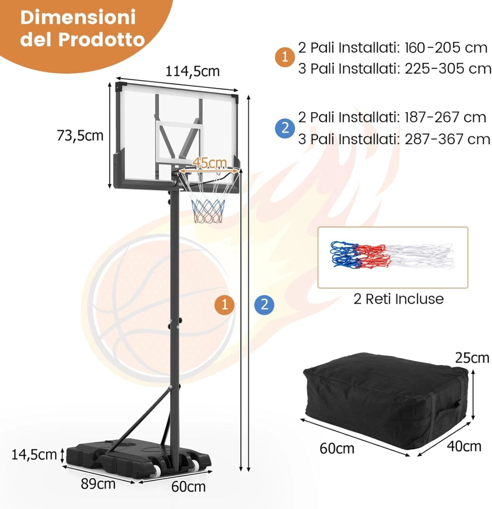 Canestro da Basket Regolabile 160-305 cm in Altezza per Adulti, Canestro con Piantana a Ruote, Canestro con Asta e Base Riempibile per Interno ed Esterno, Nero