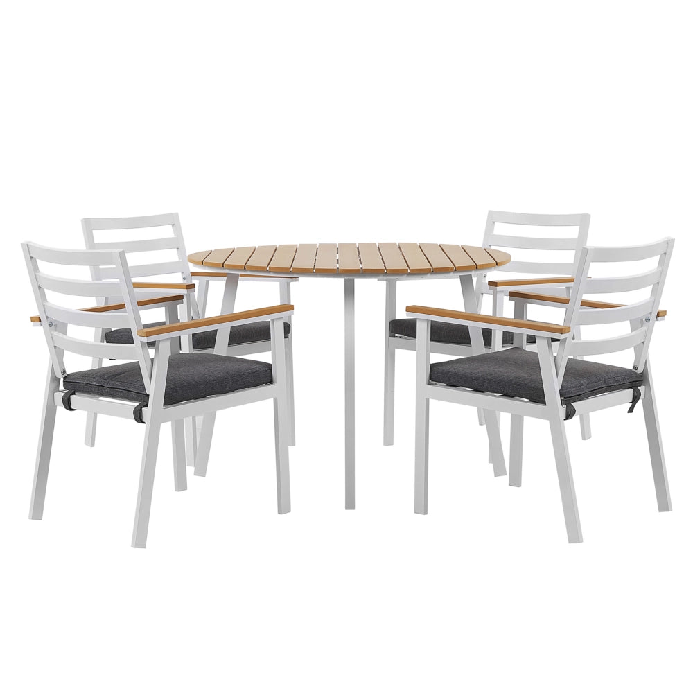 Set da pranzo all'aperto tavolo rotondo a 4 posti in alluminio bianco sedie a doghe da 105 cm con imbottiture grigie