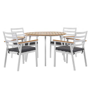 Set da pranzo all'aperto tavolo rotondo a 4 posti in alluminio bianco sedie a doghe da 105 cm con imbottiture grigie