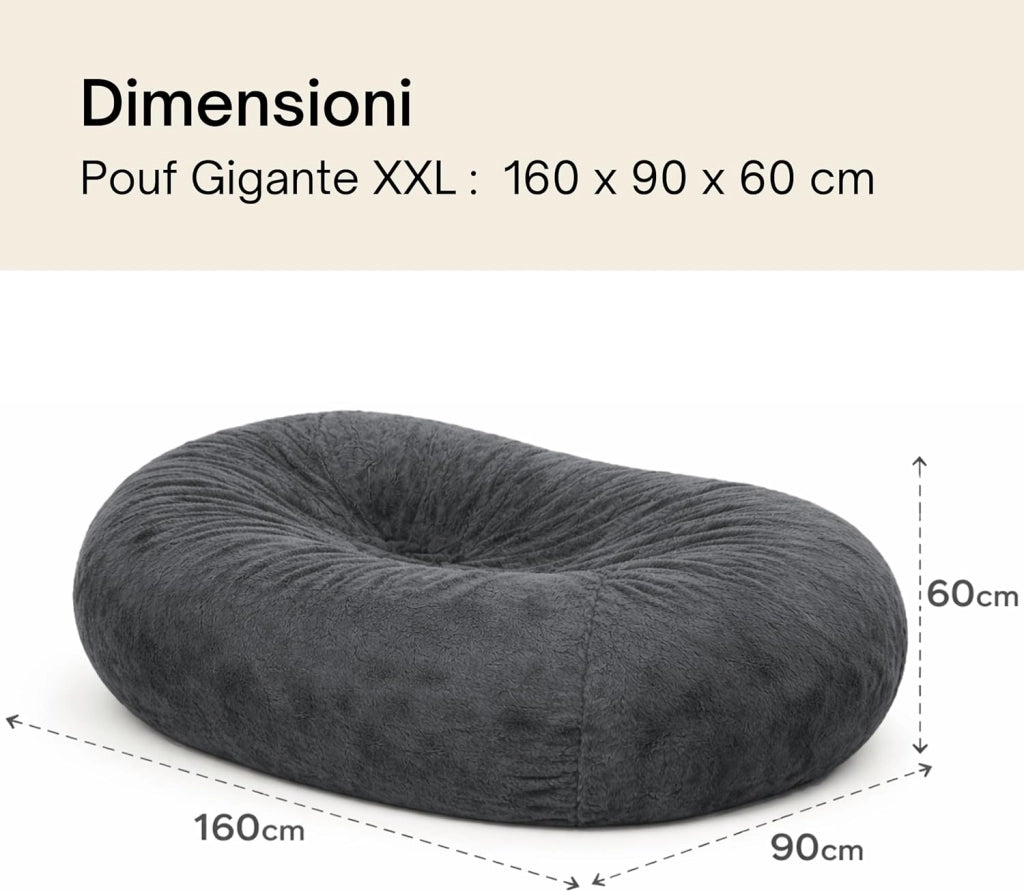 Pouf Poltrona - 160 x 90 x 60 cm - Morbido e Comodo - Housse Rimovibile e Lavabile - Pouf Letto, Pouf Sacco, Poltrona Sacco, Bean Bag - Qualità Premium, Eco-Responsabile (Grigio Scuro)