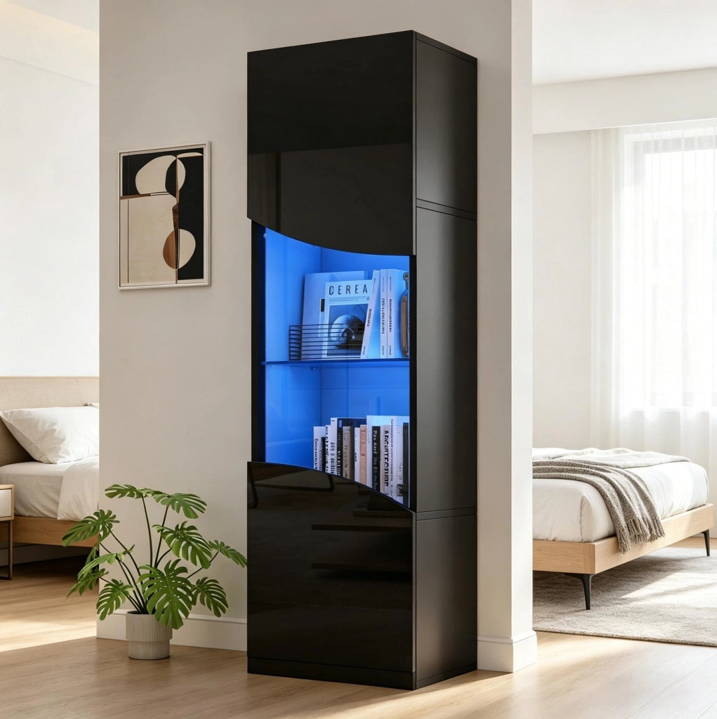 Vetrina alta e stretta 35x50x165 cm in truciolare nero lucido con LED e vetro temperato