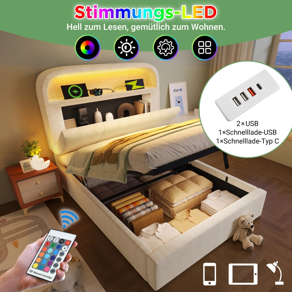 OKWISH Letto Contenitore 90×200 cm, Letto Singolo con LED Regolabile, USB, Tipo C e Testiera Regolabile, con Materasso, in Velluto, Beige