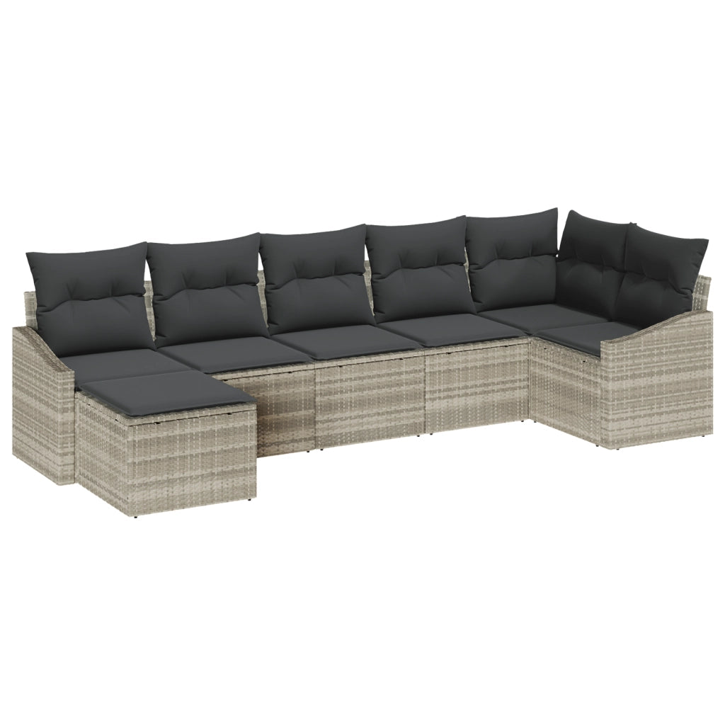 Set Divano da Giardino di 7 Pezzi con Cuscini Grigio Chiaro in Polyrattan