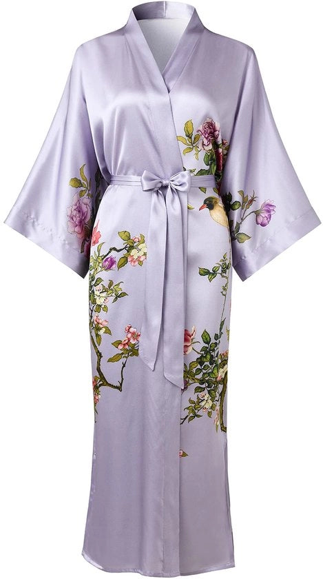 Kimono da notte con fiori classici in seta 100% - colore luce azzurra