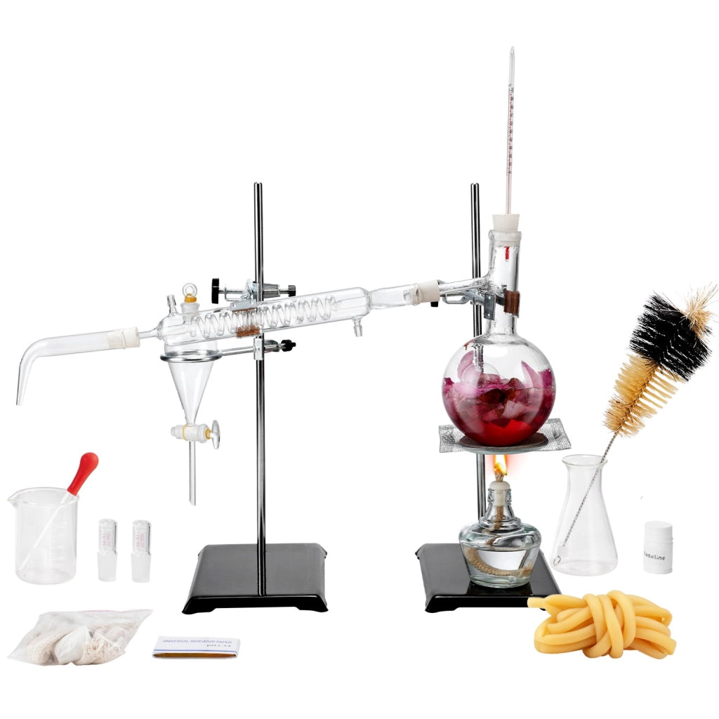 Kit Distillazione Oli Essenziali 500 ml Set da 28 Pezzi YHEO-3 in Vetro Borosilicato 3.3 con Giunti 24/40 e Lampada ad Alcool