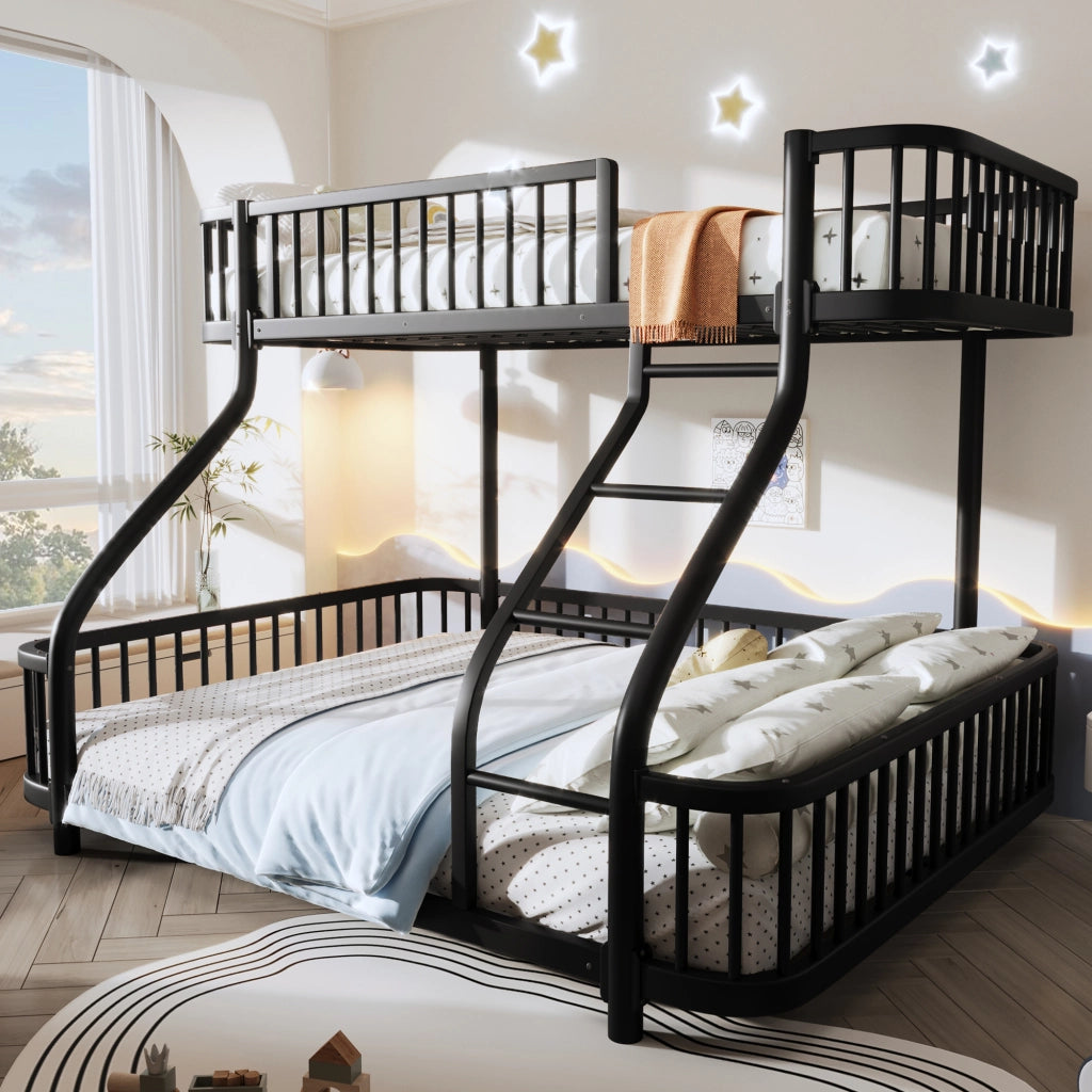 Letto a castello per bambini 90x200 + 140x200 cm; in metallo con barriere di sicurezza e scala; letto familiare; nero