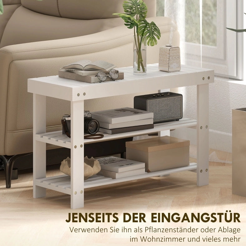 Panca Porta Scarpe in Bambù con Doppio Ripiano, 70x28x45 cm, Bianco