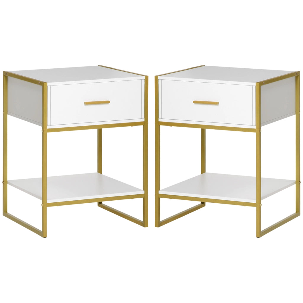 Set 2 Comodini Moderni con Cassetto e Ripiano Aperto in MDF e Acciaio, 45x40x60cm, Bianco e Oro