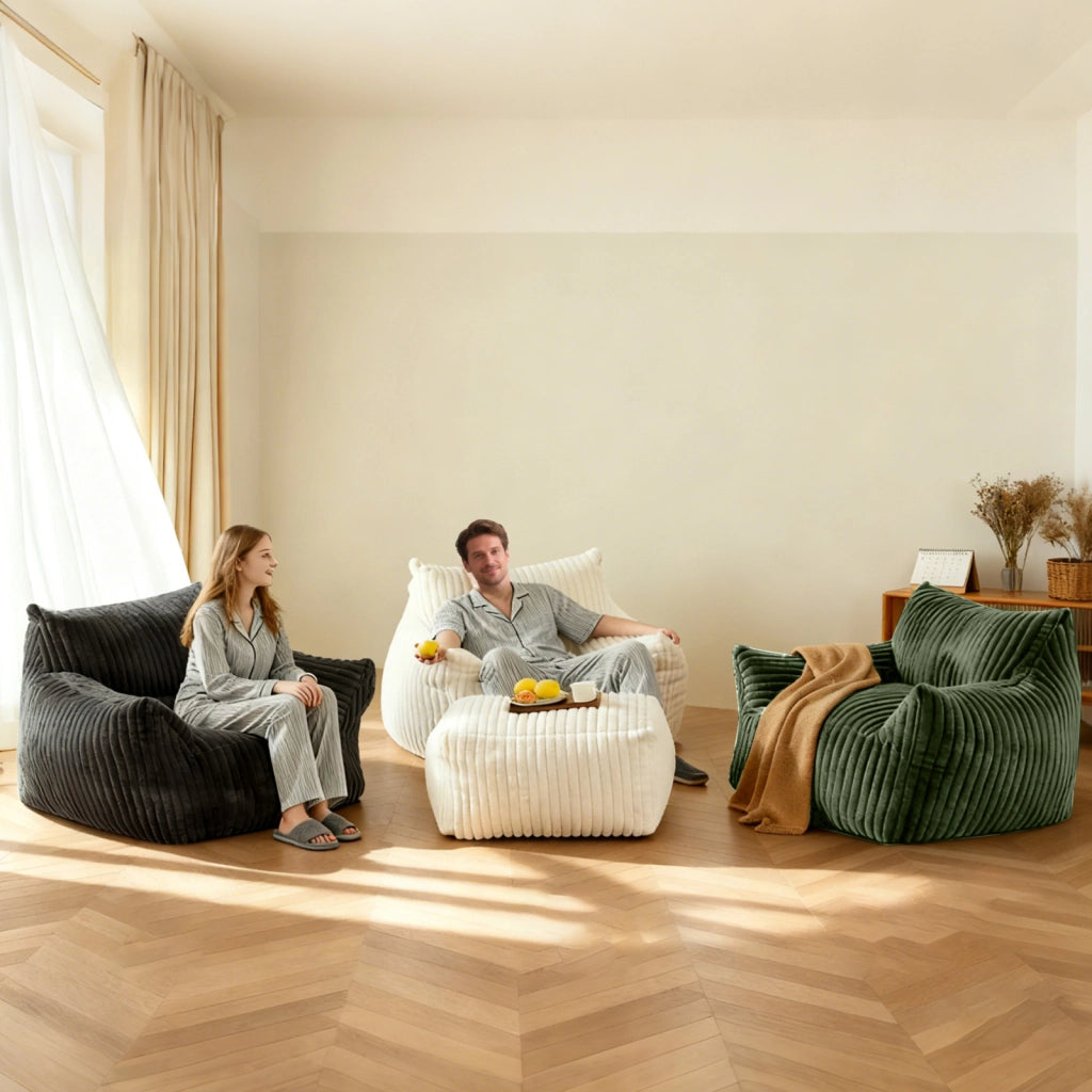 Poltrona ergonomica con pouf coordinato in flanella verde, design salvaspazio per relax