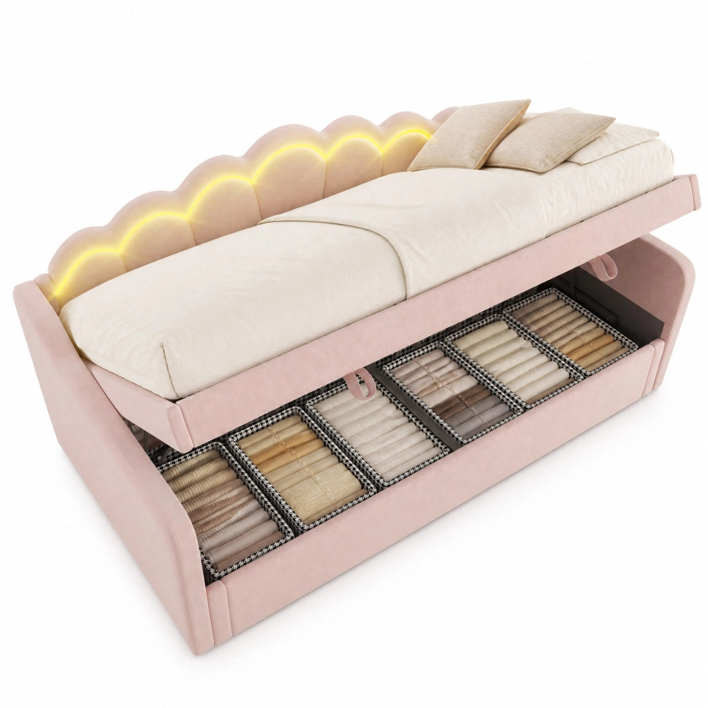 Divano letto singolo 90x200 cm in velluto rosa con contenitore; LED e testiera ondulata