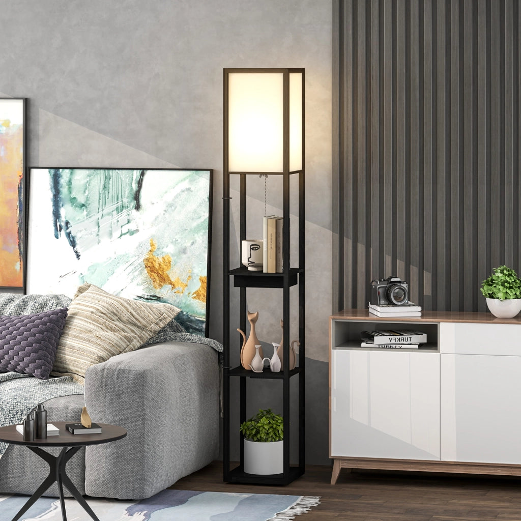 Lampada da terra con scaffale 3 livelli, interruttore a pedale, porte USB ¨C zephmum ¨C MDF, nero