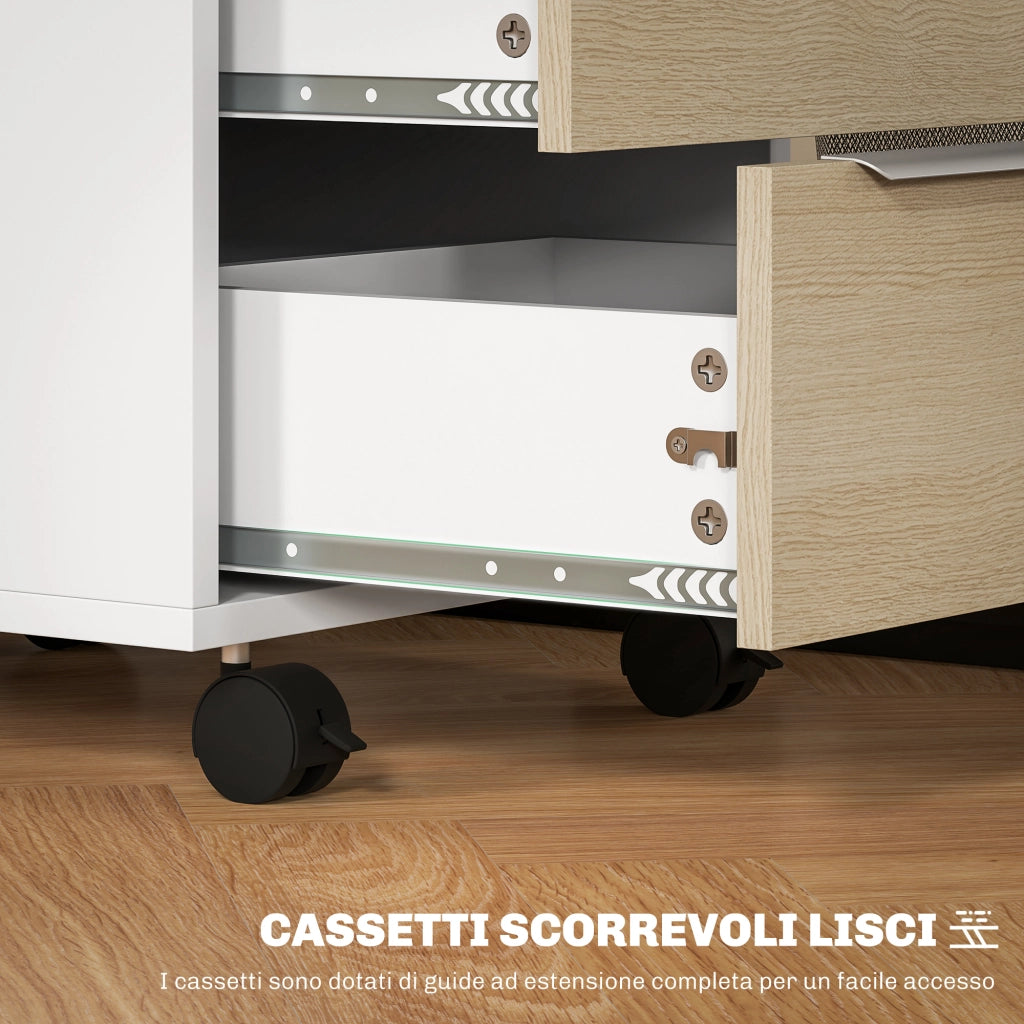 Schedario Cassettiera da Ufficio con 3 Cassetti 4 Ruote con Serratura e 2 Chiavi Bianco e Rovere