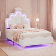 Letto imbottito 90x200 cm con LED; testiera a corona in PU bianco e altezza regolabile