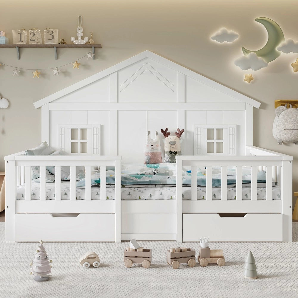 Letto Singolo Bambini a Casetta con Cassetti ¨C Xylo ¨C Pino MDF Multistrato Bianco 90x200
