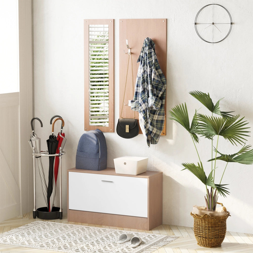 EasyComfort Mobile per Ingresso in Legno Set 3 Pezzi con Scarpiera, Appendiabiti e Specchio, 80x27x46.5cm - Color Legno