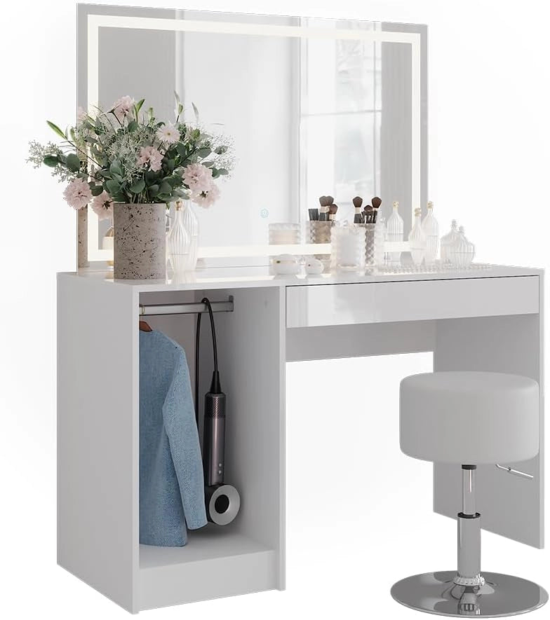 Tavolo da toeletta Sherry, Bianco/bianco lucido, 119.8 cm con illuminazione a LED e sgabello