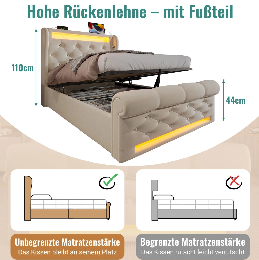 Letto imbottito con LED, ricarica USB-C e contenitore idraulico 90x200 cm
