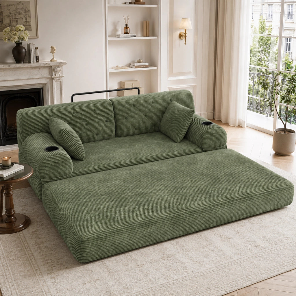 Divano letto a 3 posti in velluto a coste con schienale alto e 4 tasche laterali verde 208 × 80 × 81 cm