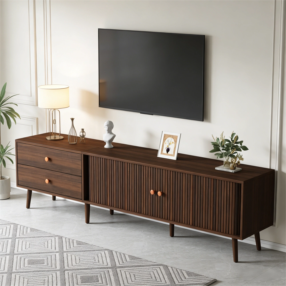 Mobile TV grande in noce - Zephmum- 180x40x46,5cm- due cassetti e ante scorrevoli