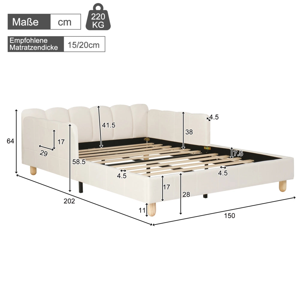 Lettino bambino 140x190 cm in velluto beige con testiera imbottita e barriera di sicurezza