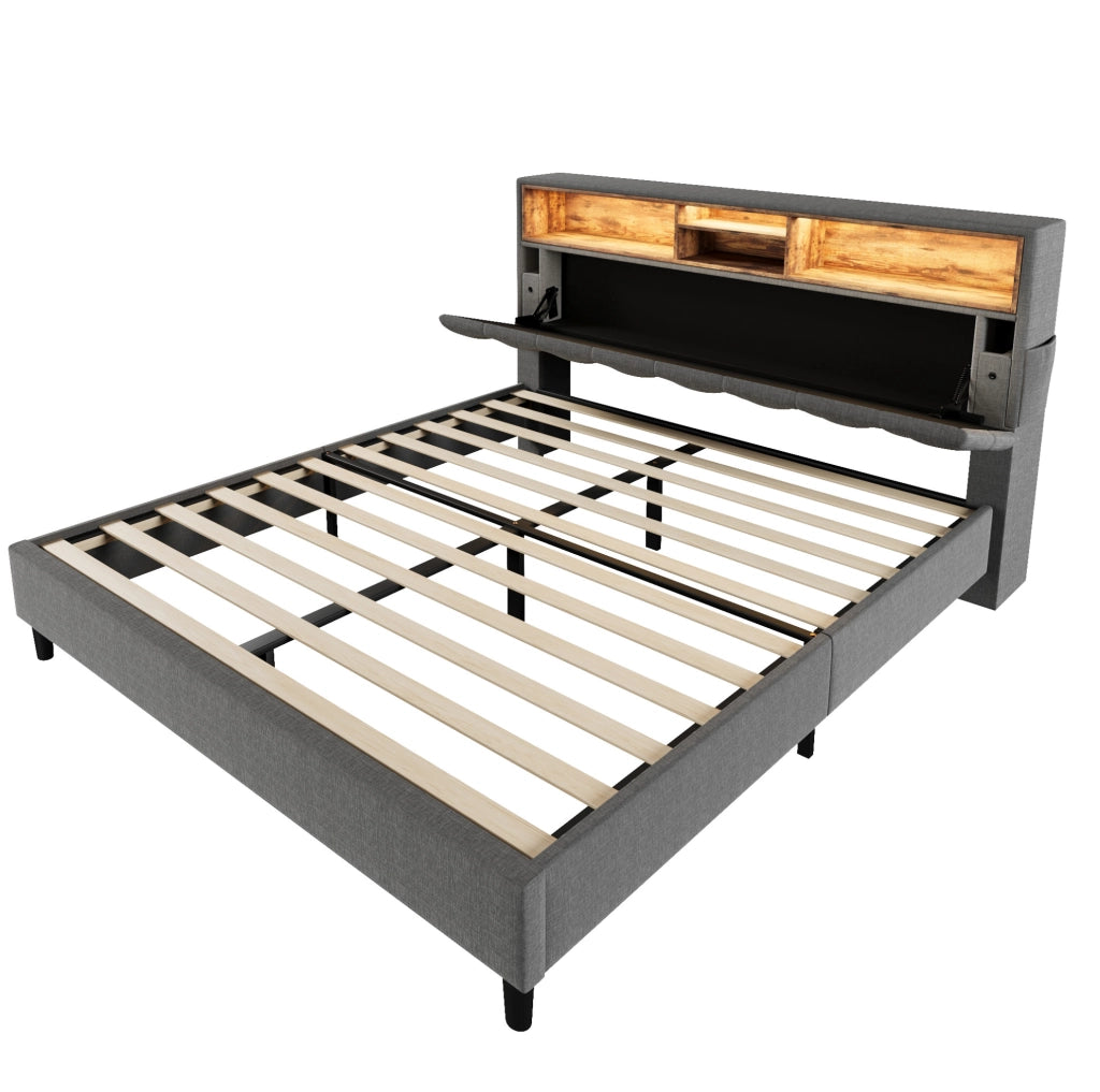 Letto 140x200 cm con testiera portaoggetti e LED; grigio