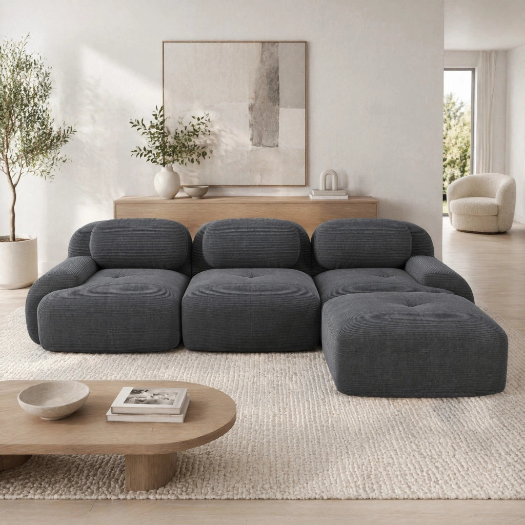 Divano angolare modulare senza montaggio 298x178x70 cm in velluto a coste grigio