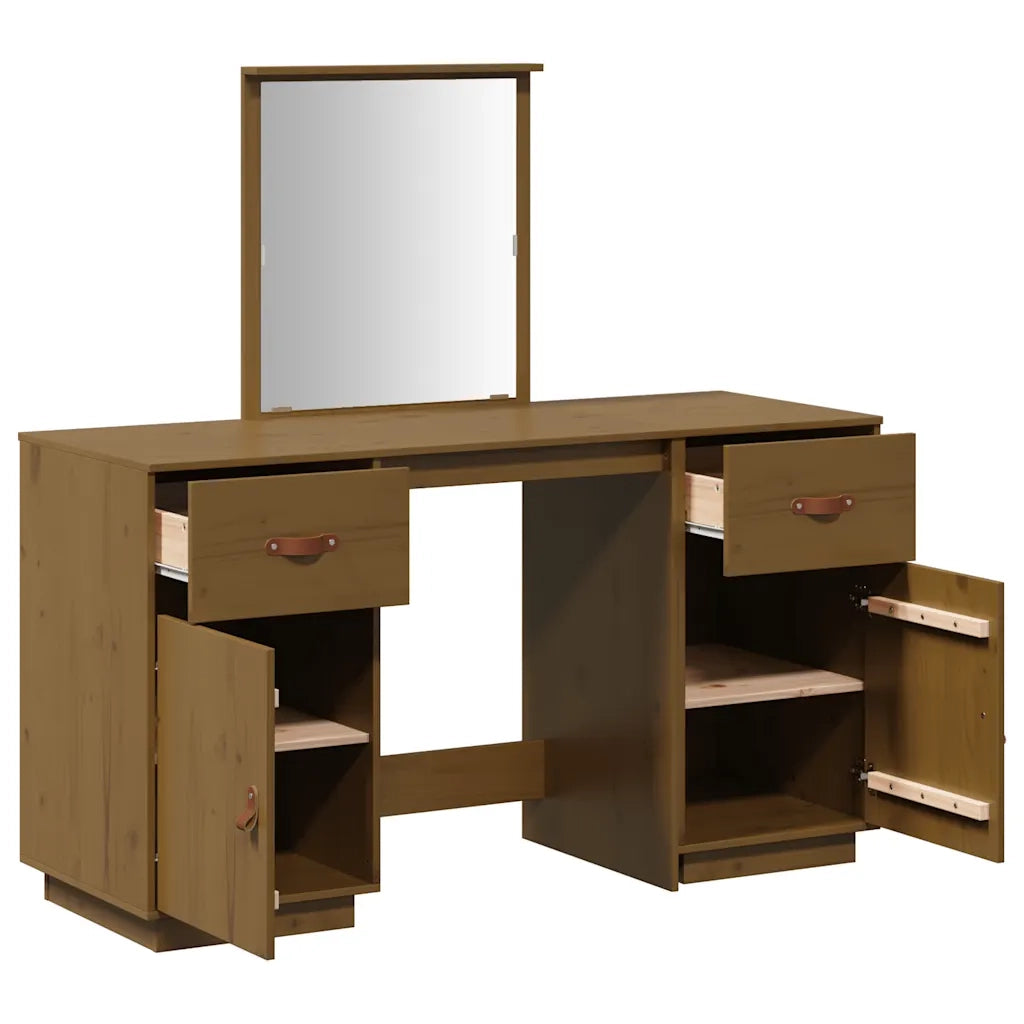 Set Toeletta con Specchio Marrone ambra Legno Massello di Pino 3107837
