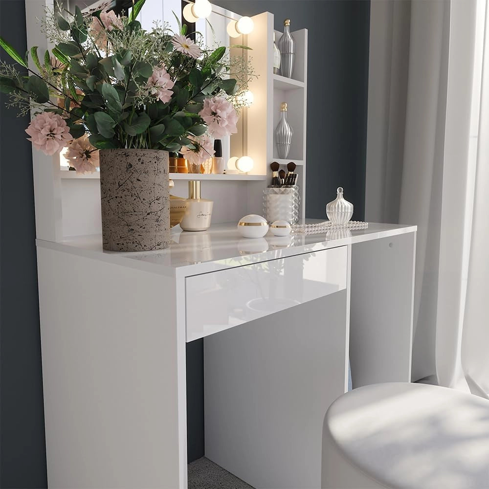 Tavolo da toeletta Sherry, Bianco/bianco lucido, 89.8 cm 5 parti