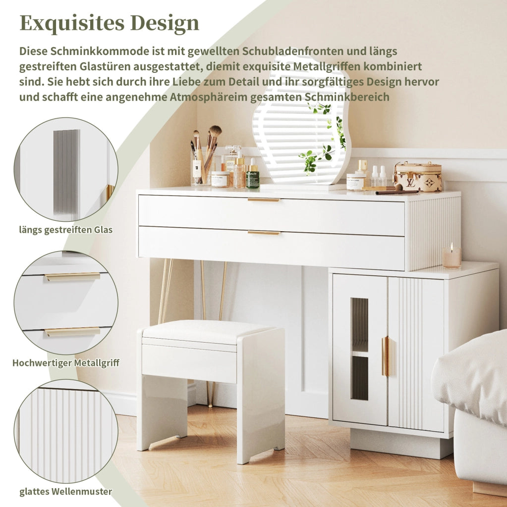 Tavolo da trucco bianco estensibile con specchio LED e 2 cassetti, 100x40x78 cm