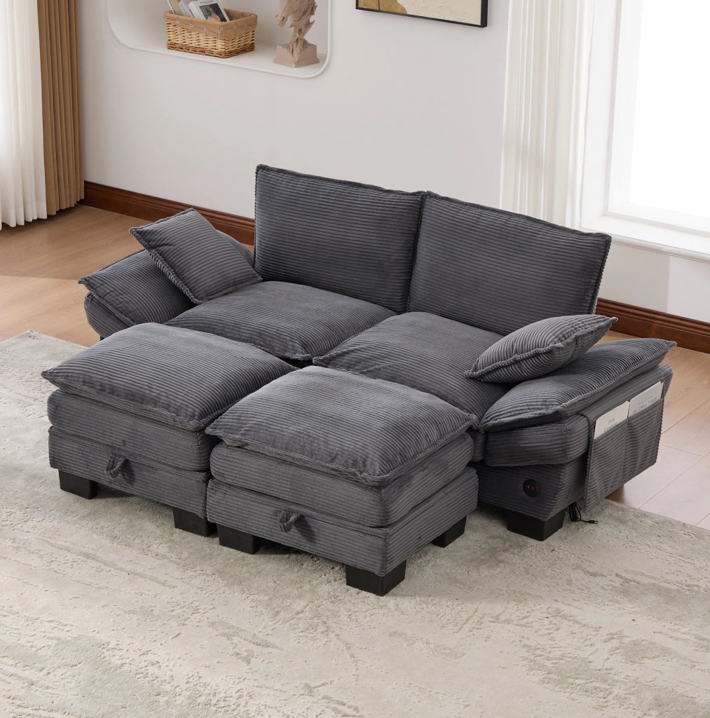 Divano modulare 2 posti con 2 pouf contenitore in tessuto corduroy; 190x132x84 cm; grigio scuro