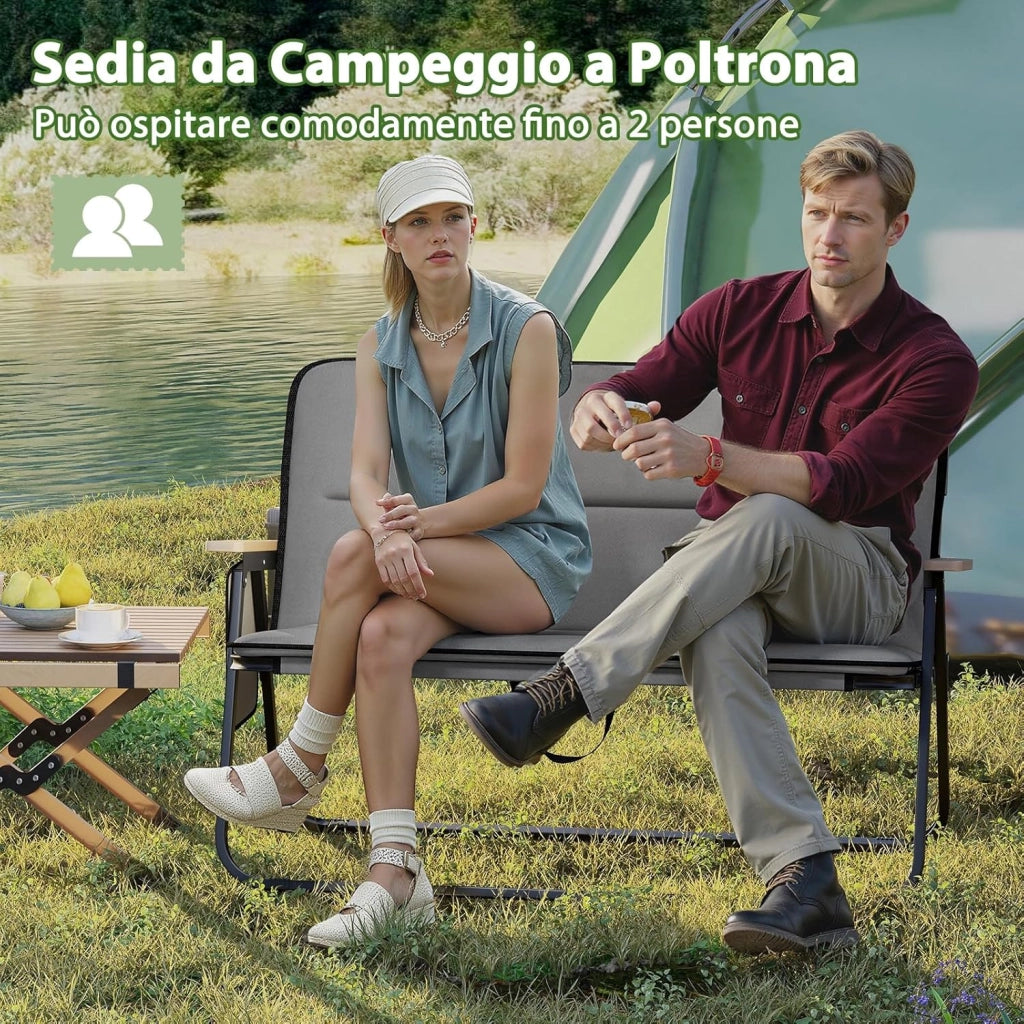 Sedia da Campeggio Pieghevole a 2 Posti, Panca da Campeggio con Cuscino Rimovibile, Tasca Laterale, Braccioli, Sedia da Giardino Portatile a Carico Pesante per Esterni, Portata 300 kg