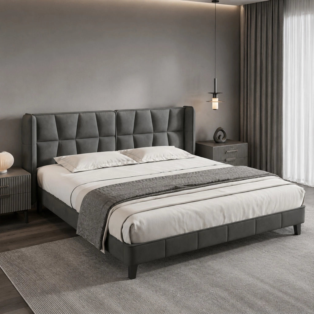 Letto imbottito matrimoniale 180x200 cm in velluto grigio con rete a doghe e testiera alta