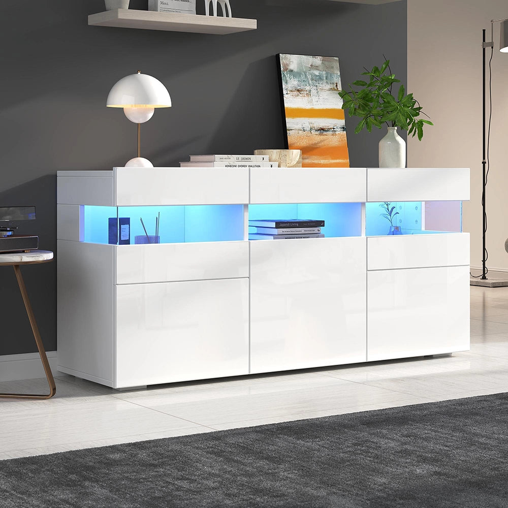 Credenza Soggiorno 140x40.5x66.5cm - Xylo - 3 Ante Lucide con LED, 7 Scomparti, Bianco