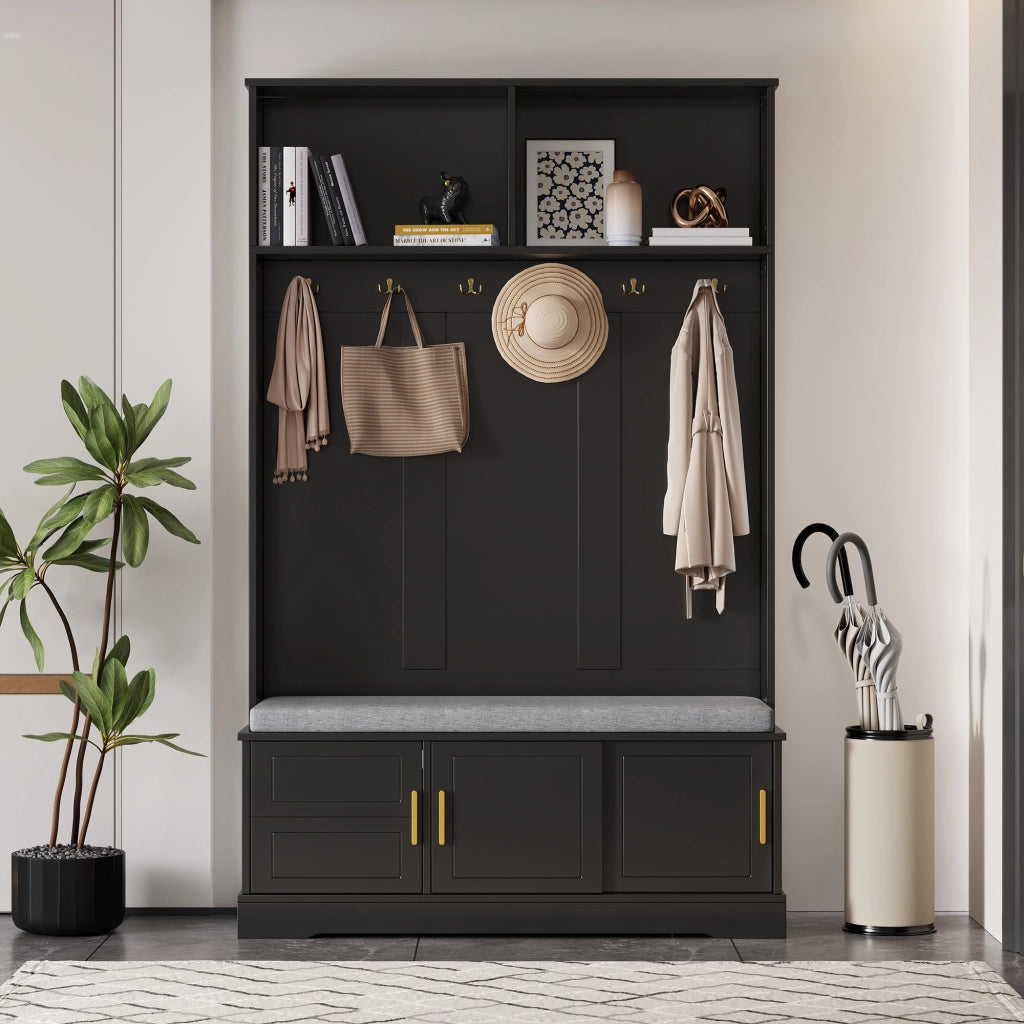 Appendiabiti da ingresso con panca portascarpe, 6 ganci, struttura autoportante, nero, 120¡Á40¡Á191 cm