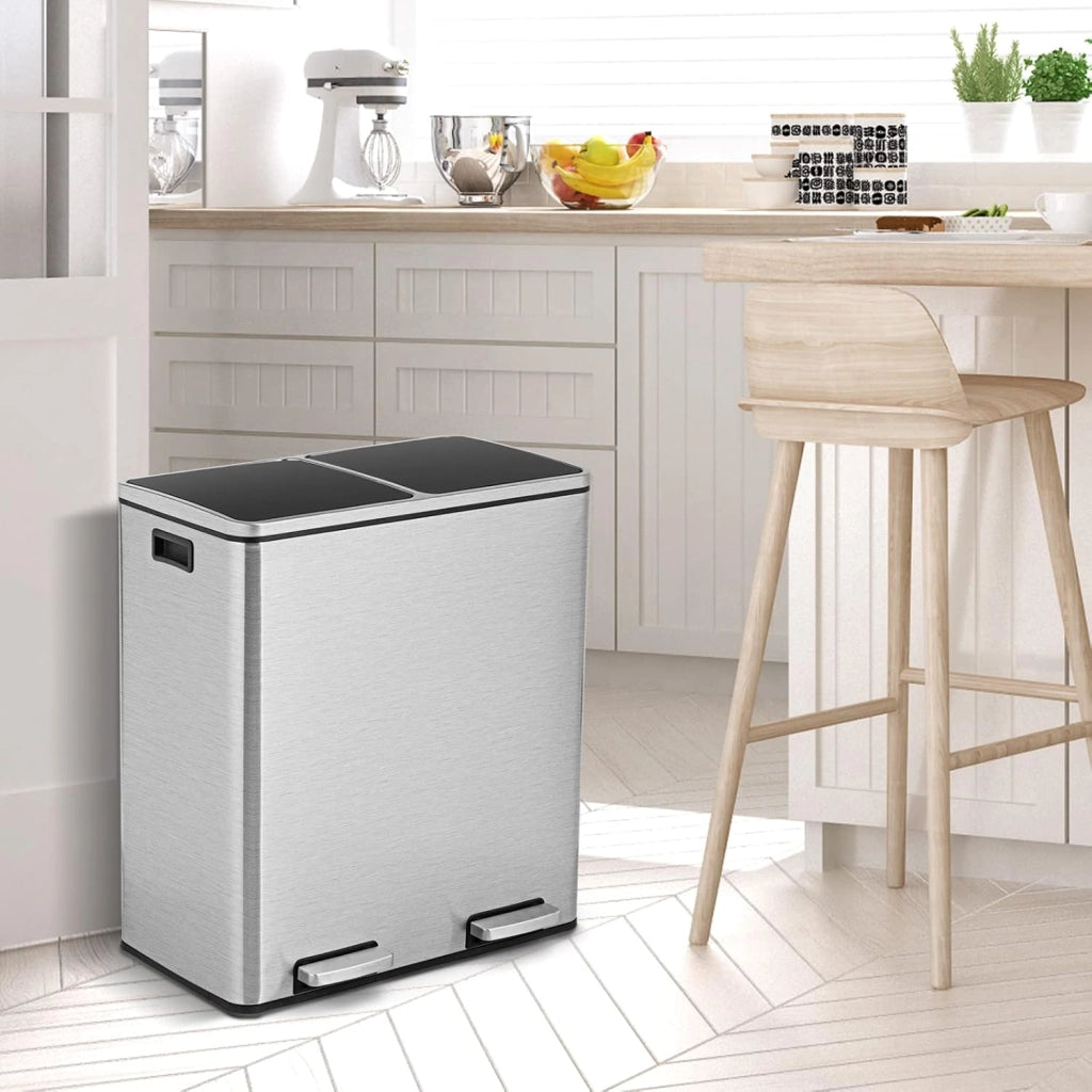 60 L Pattumiera per Differenziata 2 Scomparti, Secchi Spazzatura a Pedale in Acciaio, Cestino per la Spazzatura per il Bagno Cucina Ufficio Casa, 60 x 33 x 66 cm