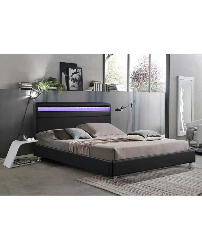 Letto Matrimoniale Moderno Ecopelle Nero, Led 220x174cm