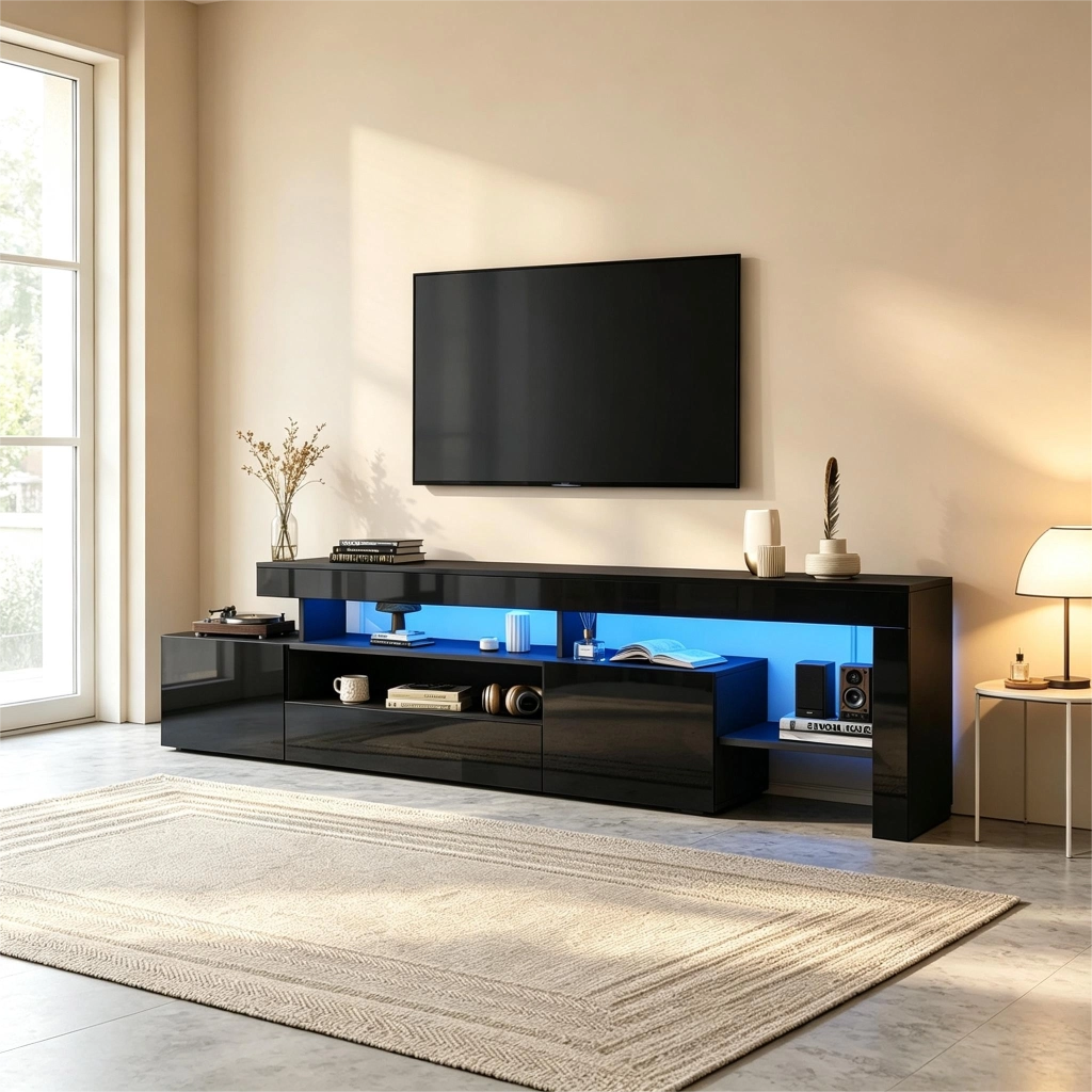 Mobile TV con 3 ante; LED e vani aperti - per soggiorno - 192×37×53 cm - nero