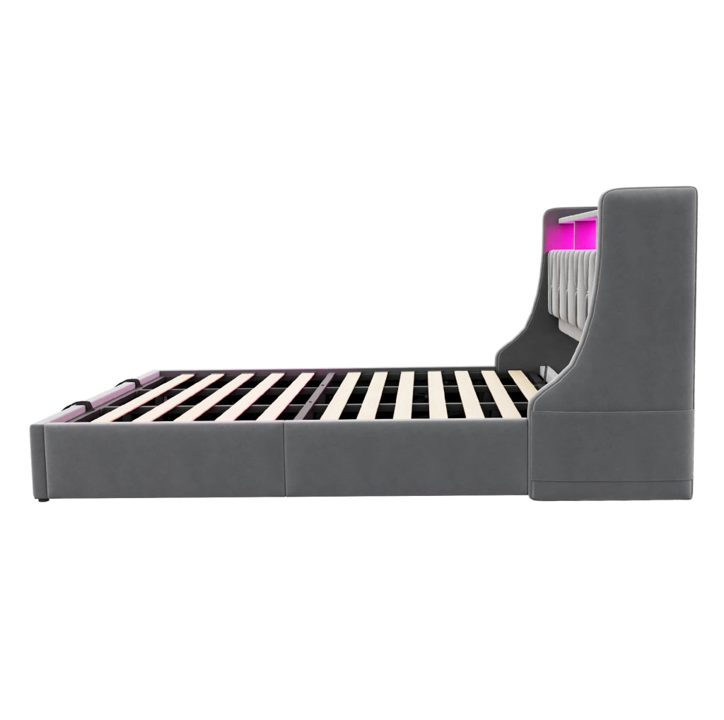 Letto matrimoniale imbottito 180x200 cm in velluto grigio con contenitore; LED e prese