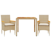 Set Pranzo da Giardino 3pz | Set Salotto da Giardino con Cuscini Beige Polyrattan Acacia