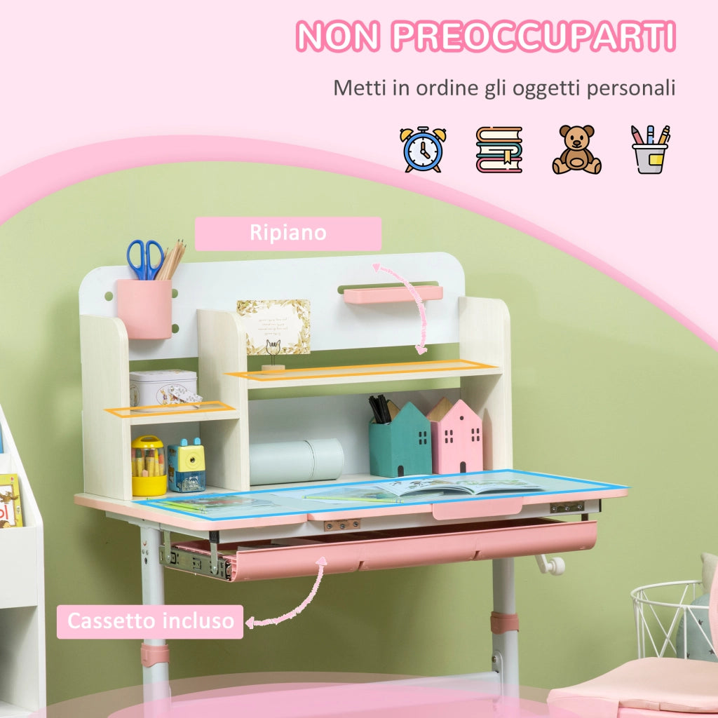 Scrivania Bambini con Sedia Regolabile e Piano Inclinabile ¨C Zephmum ¨C Rosa 90x50x
